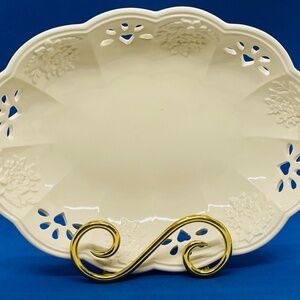Oval White Serving Bowl Lattice Floral Scalloped Edge Marked Portugal